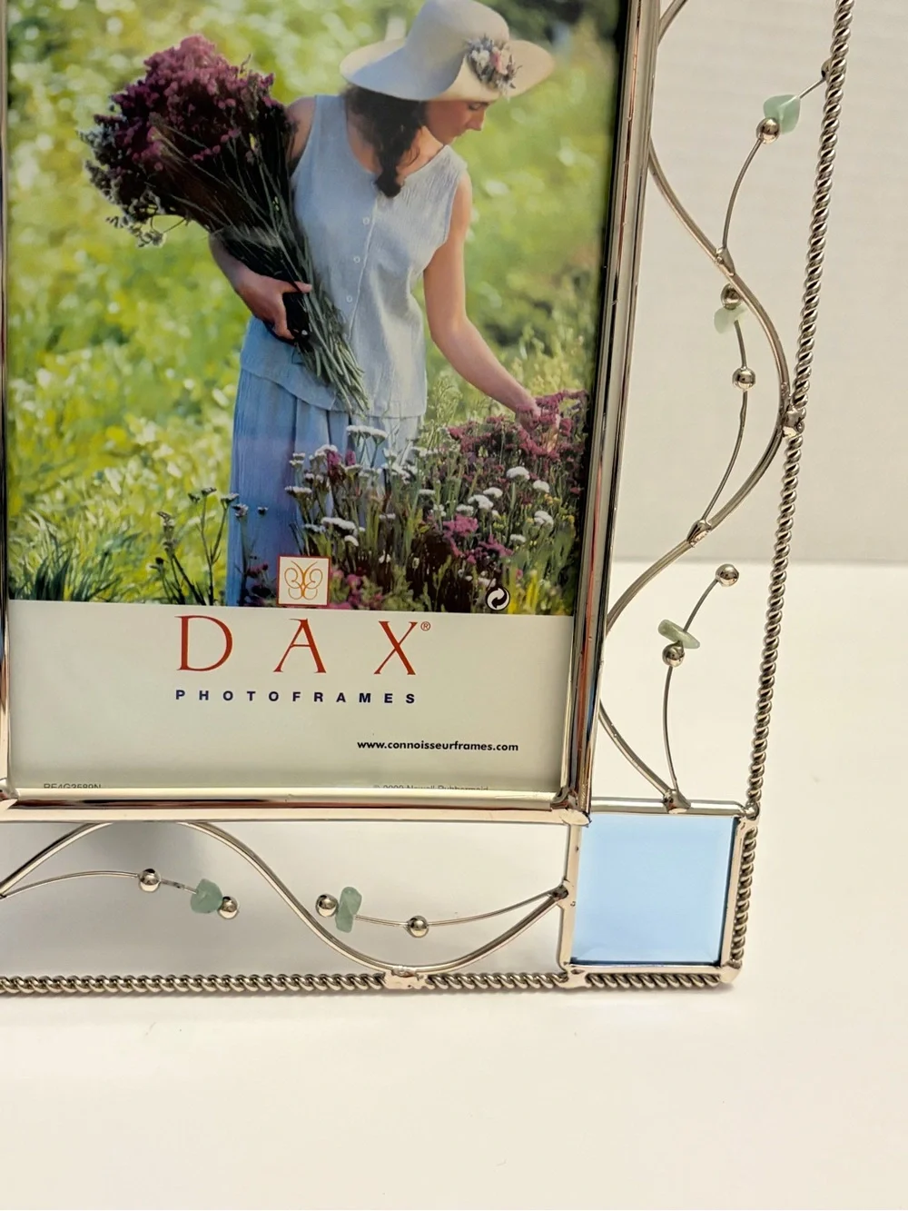 Vintage DAX Silver Wire Scrollwork Picture Frame 4x6 Blue Stained Glass Accents